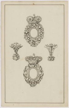 B512/22/2 - Design for two cases for portrait miniatures and two love jewels, Ontwerptekening voor twee houders voor portret miniaturen en twee liefdesjuwelen
