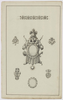 B512/22/8 - Design for a military trophy frame, a necklace, two 'giardinetti' motifs, two pendant jewels and a clasp, Ontwerptekening voor kader met militaria, een halsketting, twee 'giardinetti' motieven, twee hangers en een gesp