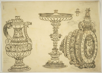 Tekening van drie renaissance voorwerpen in edelsmeedwerk