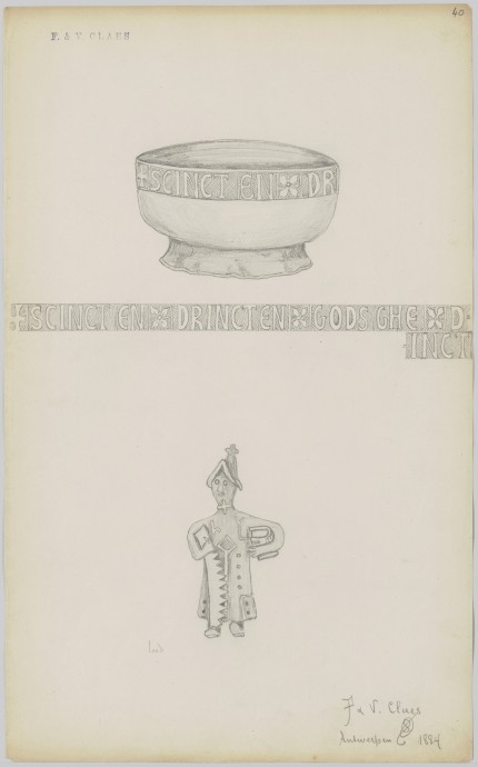 Potloodtekening van een kom en een figuur in lood