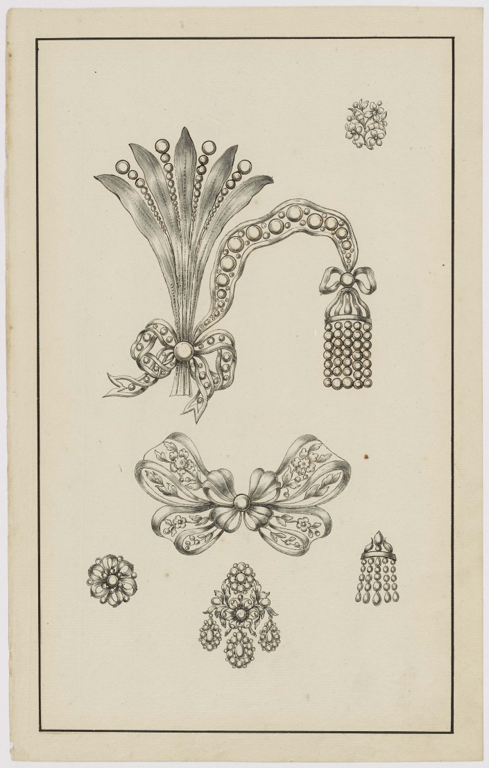 Ontwerptekening voor een aigrette, een juweel in strikvorm en kleine bloemenjuwelen